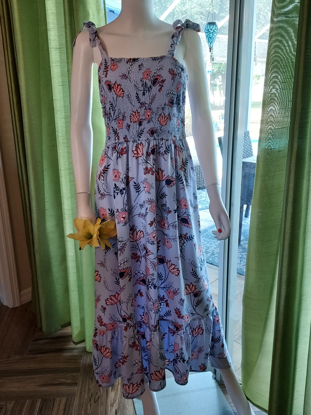 Japna Light Blue Floral Prairie Tie-Shoulder Smocked Sundress. Size L